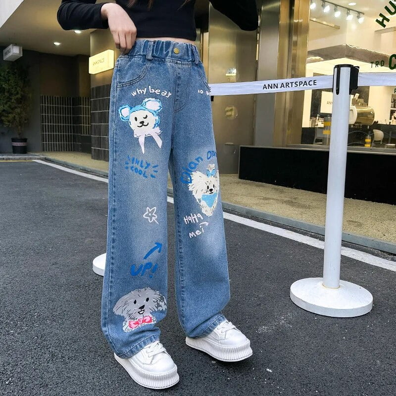 Jeans for Girls 2024 New Fashion Cartoon Printed Long Denim