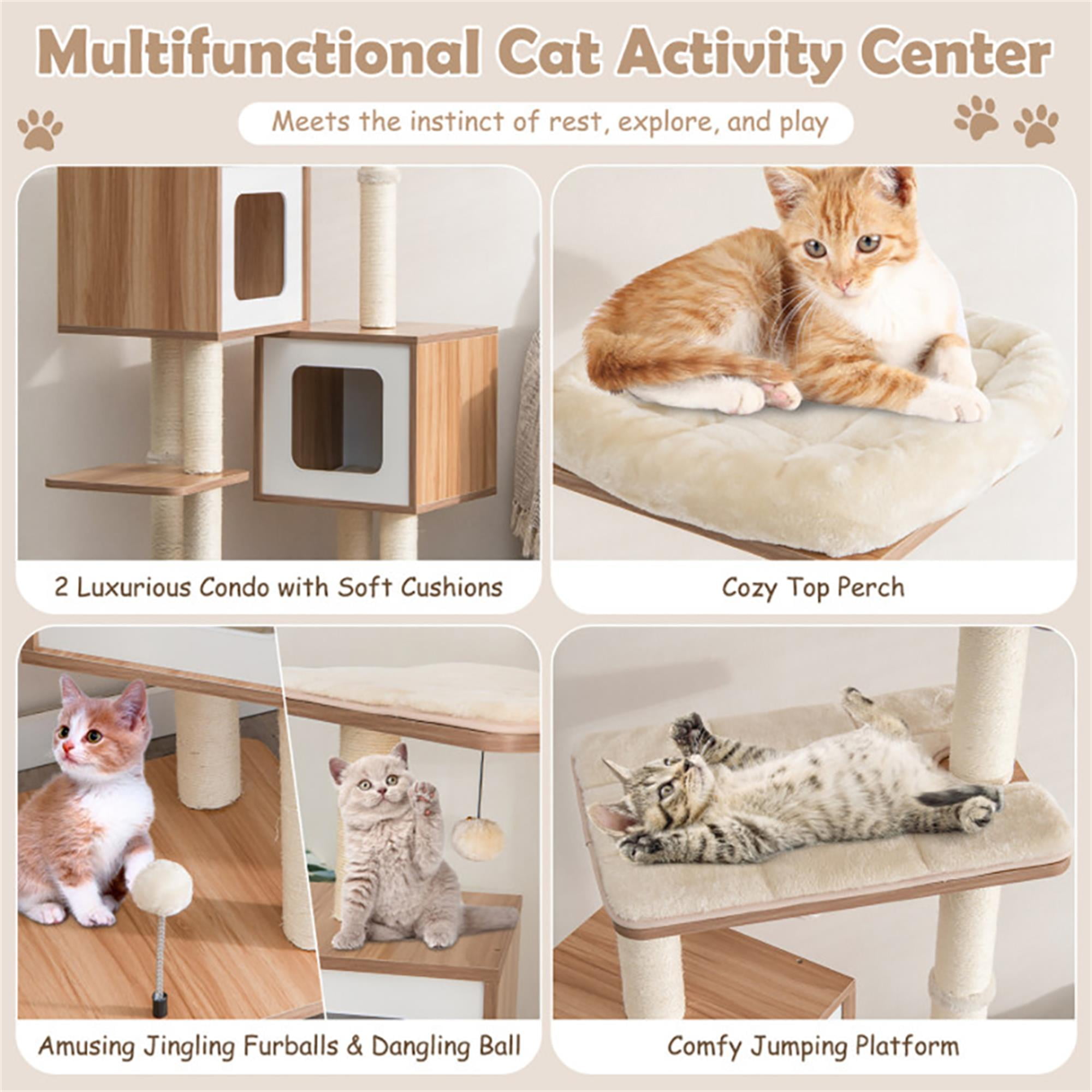 Kadyn 64" Large Wooden Cat Tree Tower with Double Condos, Large Perch and Totally Wrapped Sisal Posts, Modern Cat Tree House, Beige
