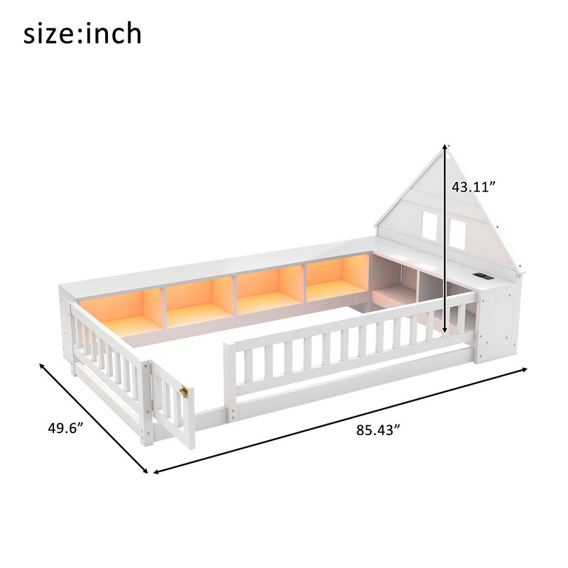 Twin Size Wood Floor Bed with Guardrail & Small Door, House-Shaped Bookcase Headboard Kids Platform Storage Bed with LED & Outlet