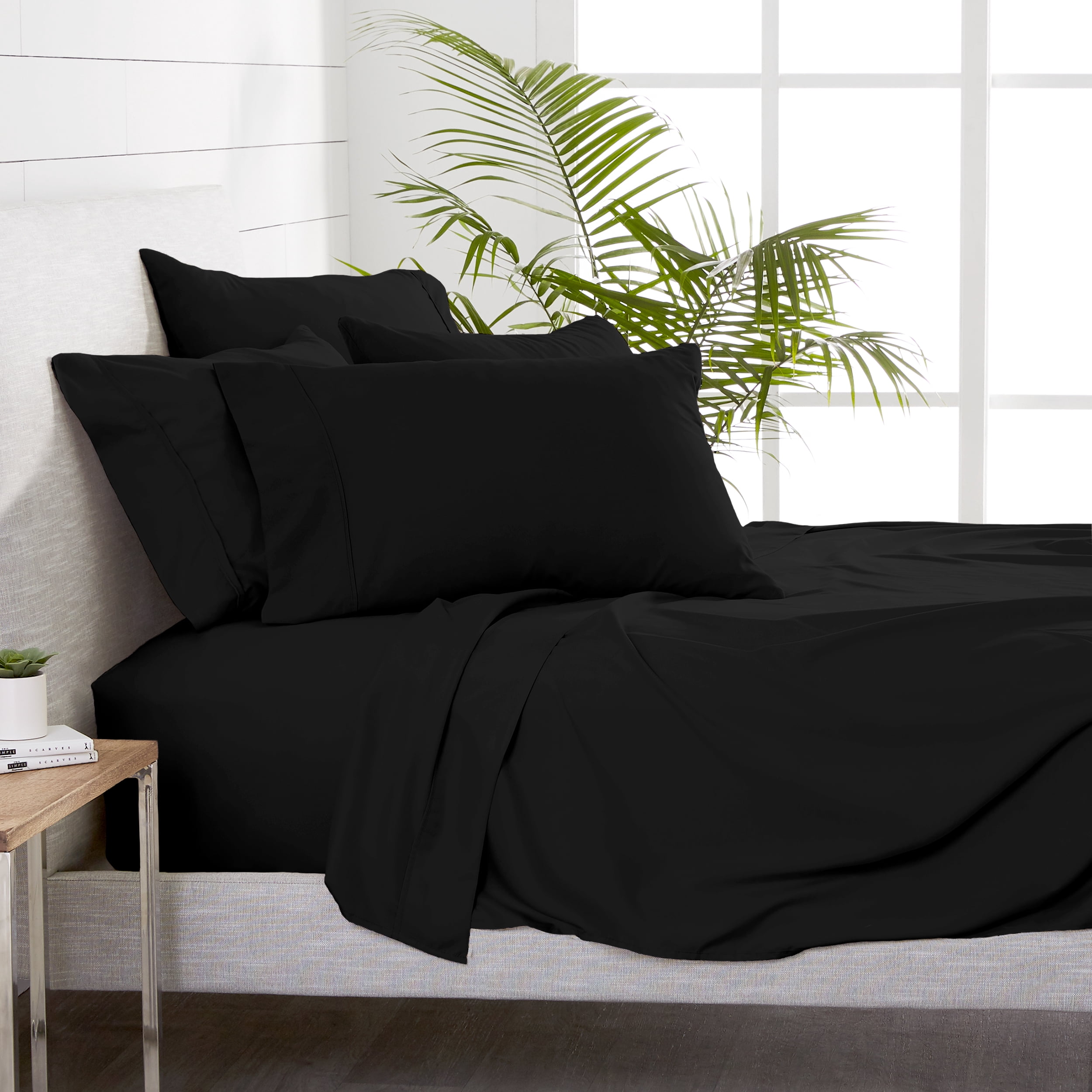 Bare Home 6 Piece Sheet Set, Microfiber, 2 Extra Pillowcases, Cal King, Black