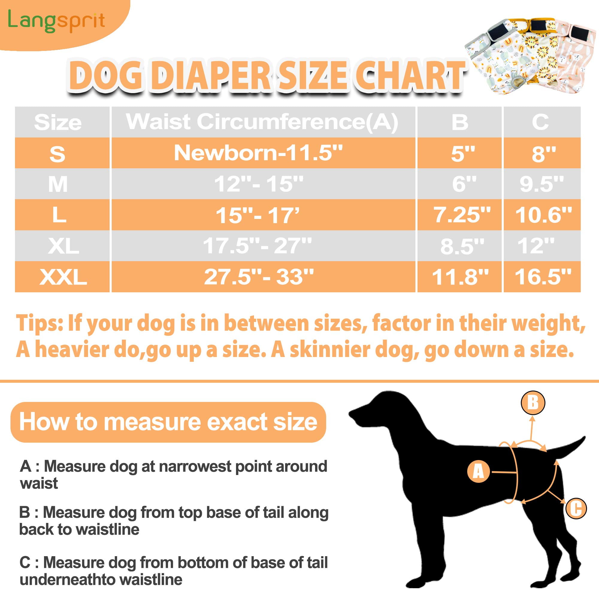 PTSPLLMY Langsprit Washable Female Dog Diapers (3 Pack) - No Leak Reusable Diapers for Doggy Female in Period - Highly Absorbent Dog Heat Panties with Adjustable Snaps