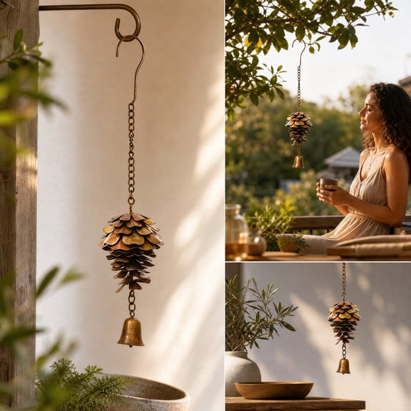 Pinecone Wind Chime 11" Iron Metal with Tuned Tubes and Hanging Chain for Garden Patio Yard Porch
