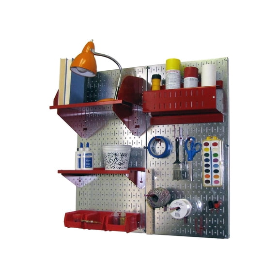 Wall Control Pegboard Hobby Craft Pegboard Organizer Storage Kit with Metallic Pegboard and Red Accessories