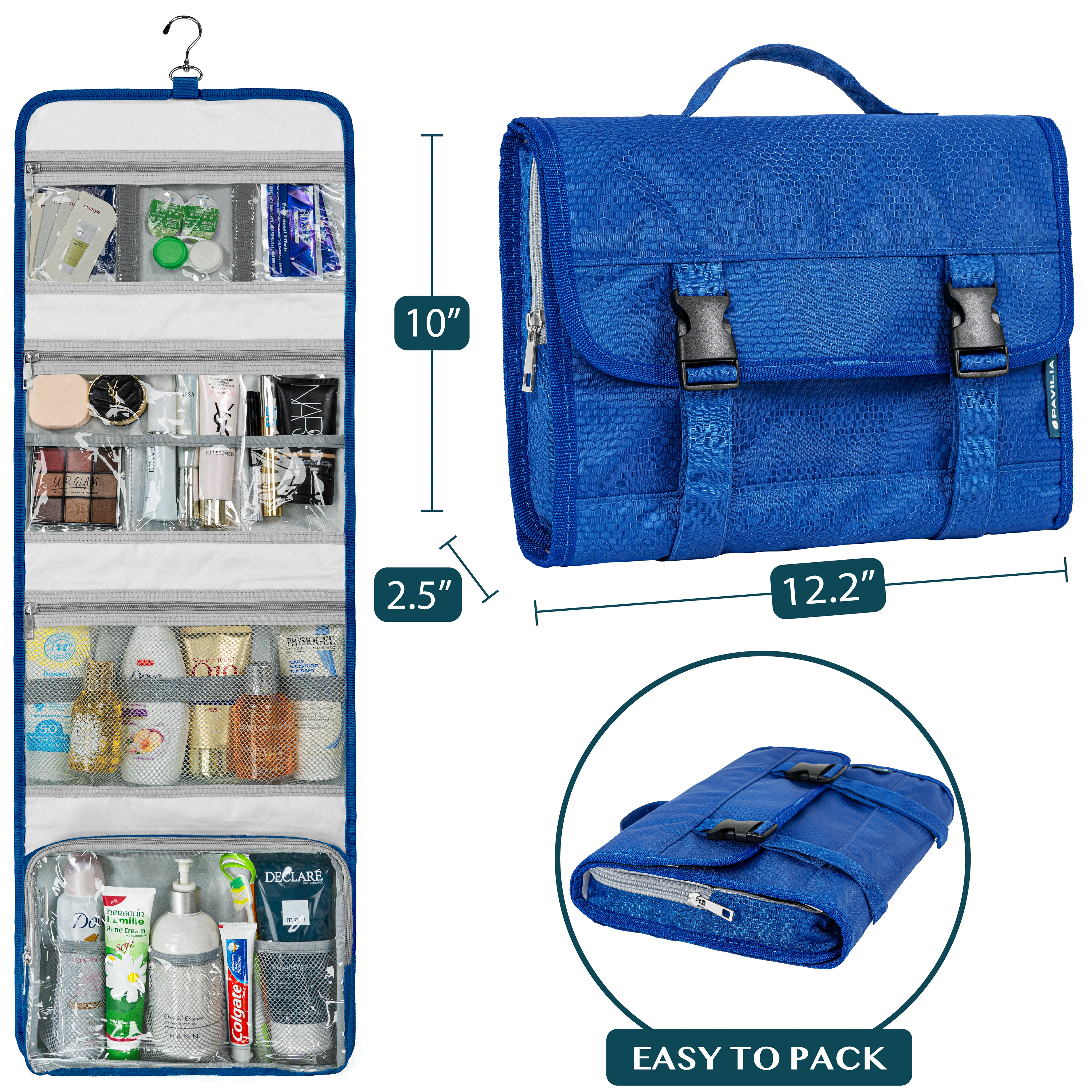 PAVILIA Travel Hanging Toiletry Bag for Women Men, Extra Large Capacity Makeup Bag Kit, Waterproof Cosmetic Storage Organizer Case for Bathroom Shower, Royal Blue