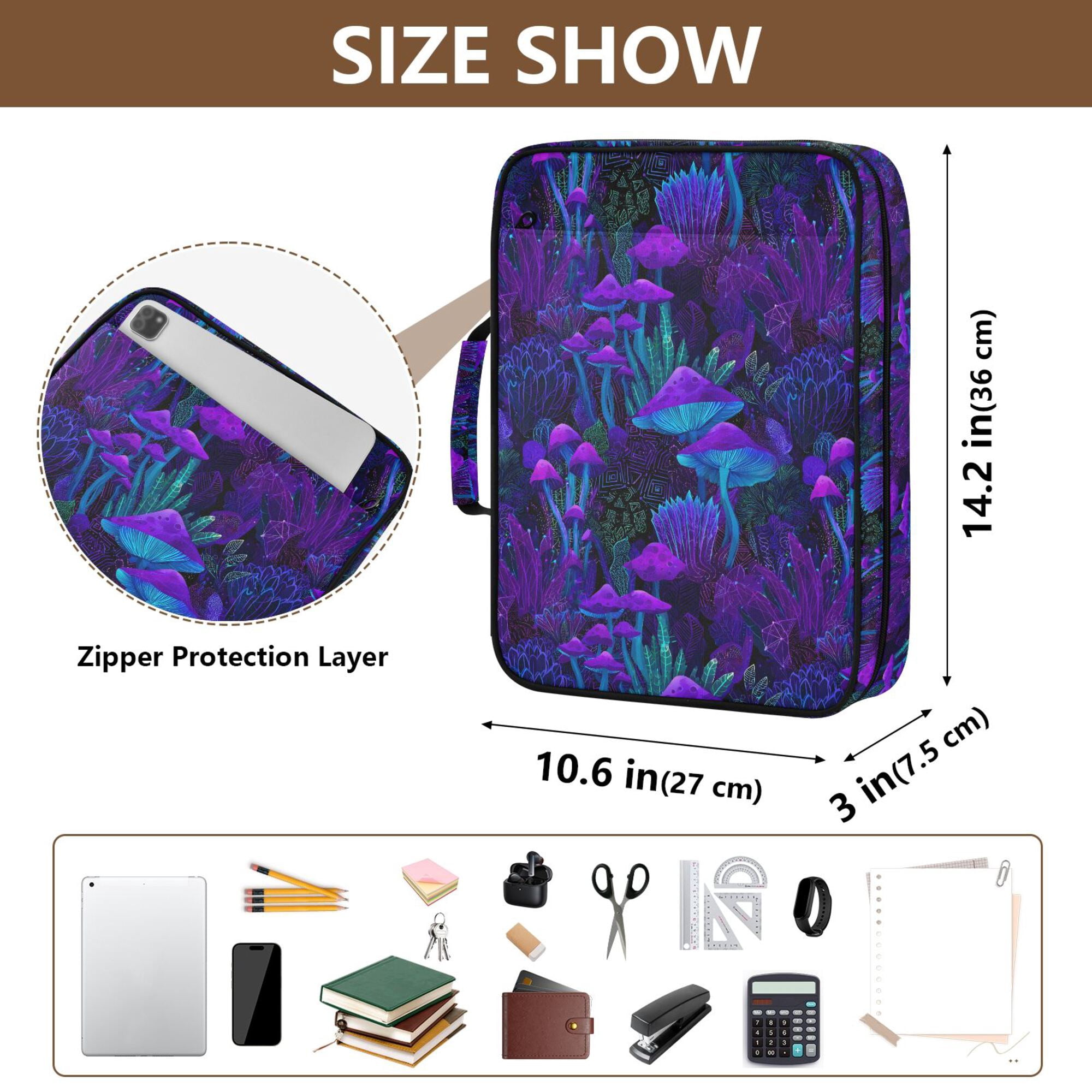 FORMRS Accordion File Folder A4 Size 7-Pocket Expanding Document Organizer Bag with 3 Ring Binder, Dark Mushrooms Pattern