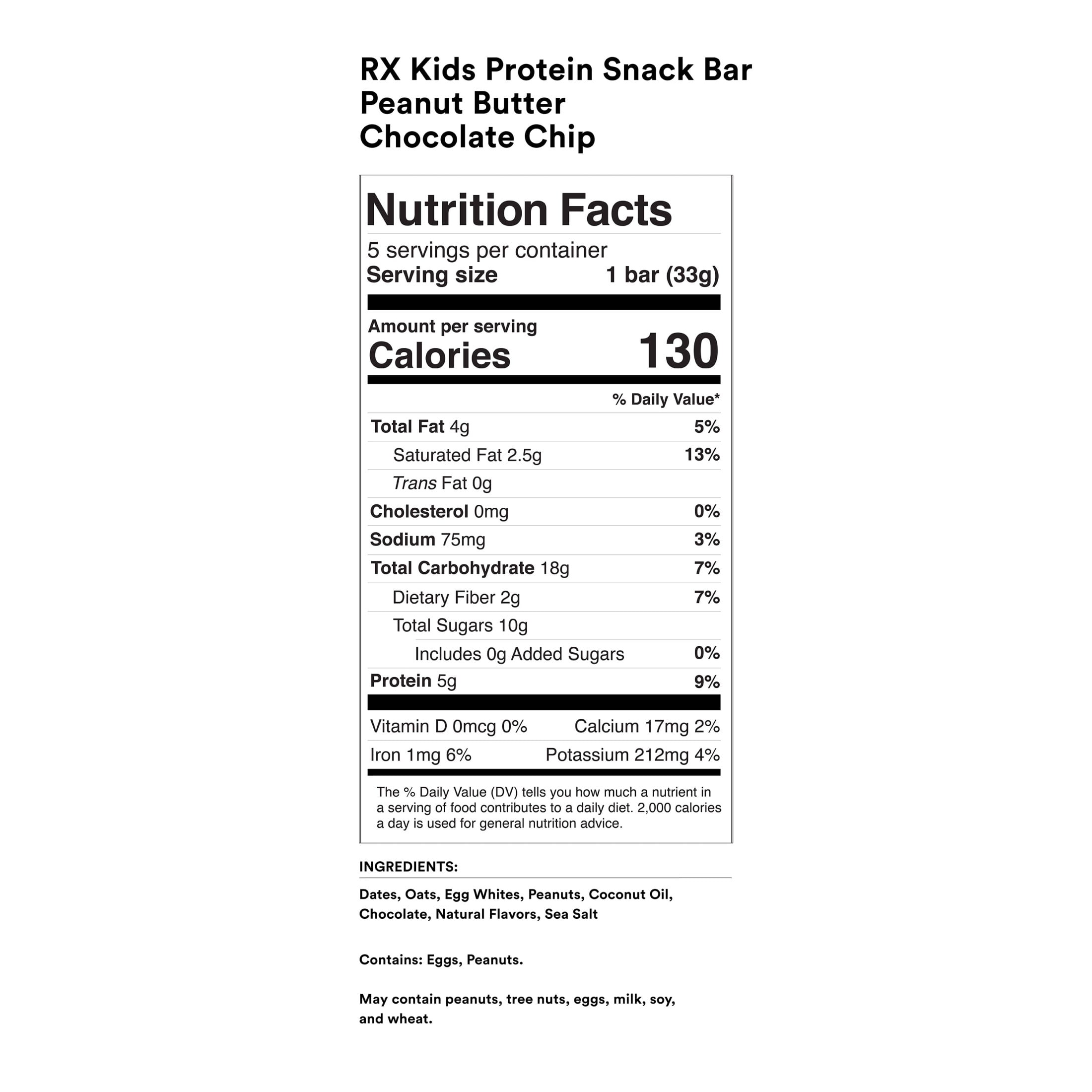 RX Kids Gluten-Free Peanut Butter Chocolate Chip Chewy Protein Snack Bar, Delicious Flavor, 5.8 oz, 5 Count