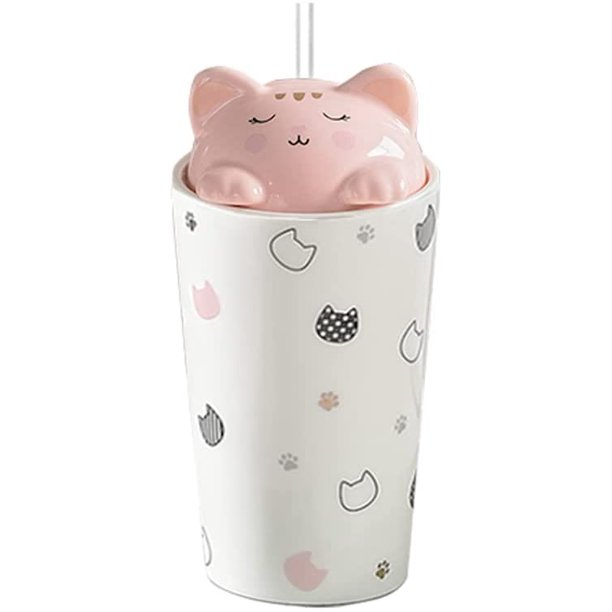 Taza de café con tapa de gato, taza de viaje de cerámica con tapa de gato, taza alta reutilizable para té, leche, té de burbujas, regalo de taza de Navidad de viaje y oficina 480ml JFHHH pequeña
