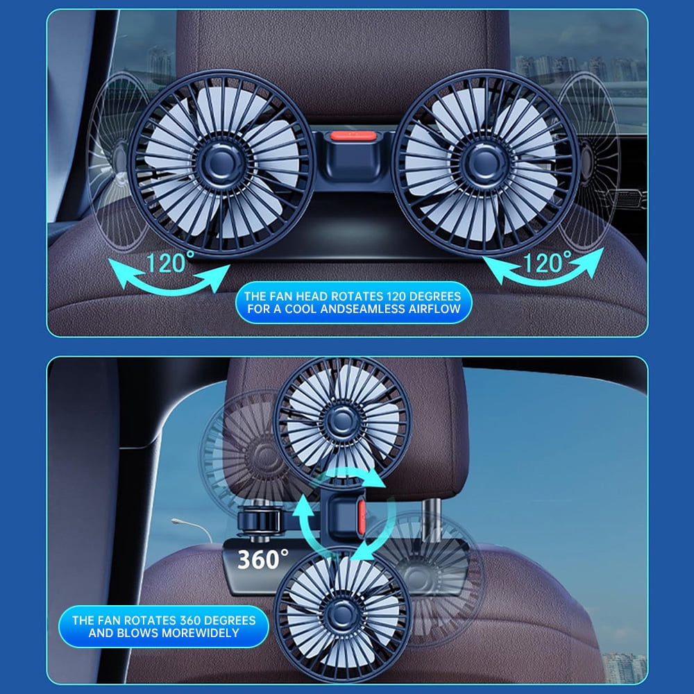 MDHAND 4 Inch Dual Head Car Fan, USB Vehicle Fan with Adjustable Clip, 360° Rotation, 30dB Quiet Motor, Includes Dual USB Car Charger