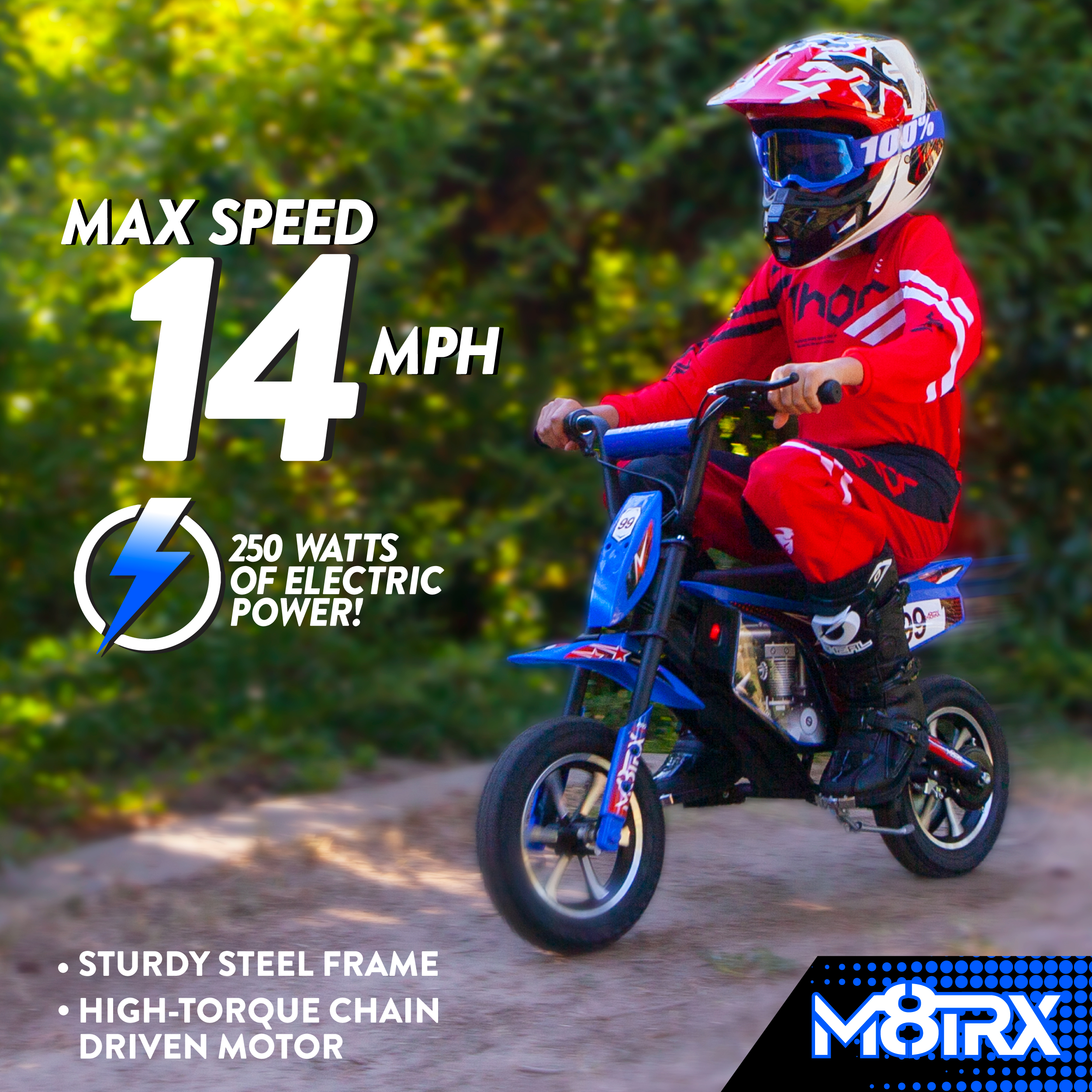 M8TRIX Blue 24V Electric Dirt Bike, Ride on Toy Motorcycle for Kids and Teens - image 2 of 8