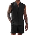 thumbnail image 2 of Men's Linen Sets 2 Piece Beach Outfits Lace Up Hippie Tank Tops Summer Casual Sleeveless Shirts Matching Shorts Set, 2 of 6