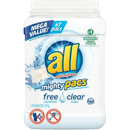 all Mighty Pacs Laundry Detergent, Free Clear for Sensitive Skin, Tub, 67 Count