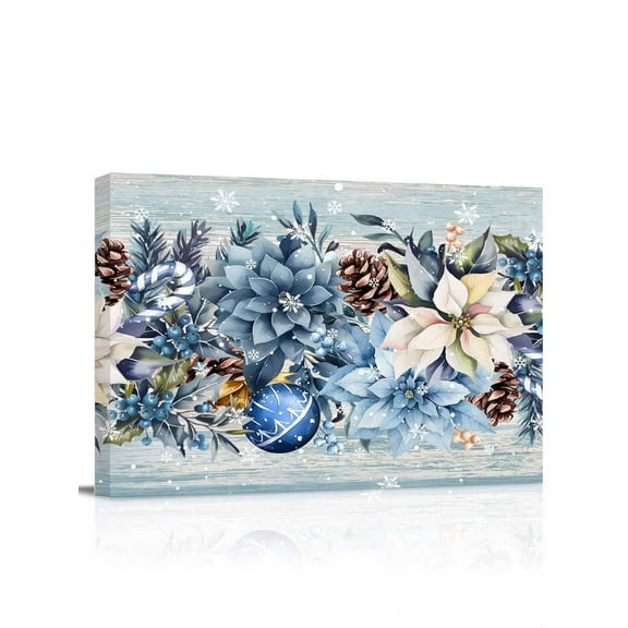 Christmas Flower Canvas Print Wall Art Framed Canvas Art Wall Decor Blue Poinsettia Floral Xmas Ball Winter Snowflakes Pictures Painting Morden Artwork for Living Room Bedroom, Ready to Hang 12"x16"