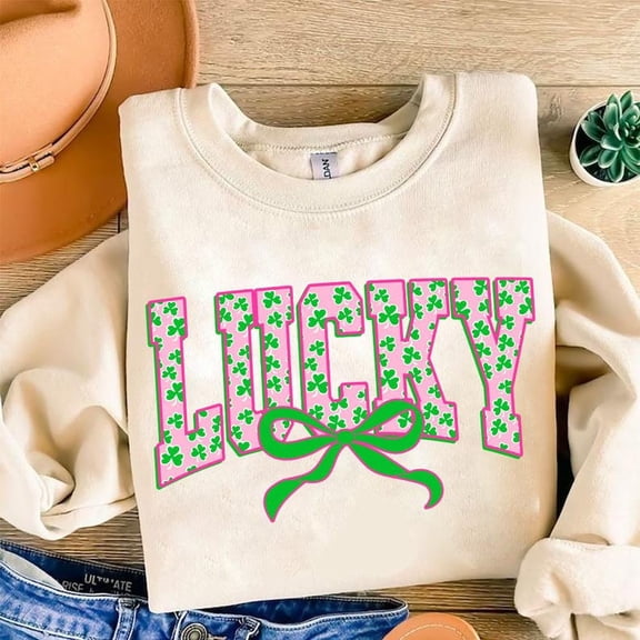Lucky St. Patrick's Day Coquette Sweater, Pink Shamrock Clover Irish Sweatshirt