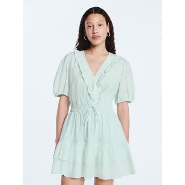Free Assembly Women's Tiered Ruffle Mini Dress with Short Puff Sleeves, Sizes XS-XXL