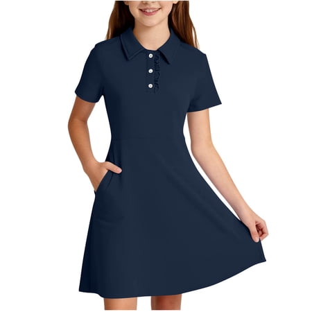 HAOTAGS Shift Dress for Girls School Lace Trim Button-Down Collar Solid Color Uniform Polo Dresses Navy 13-14T