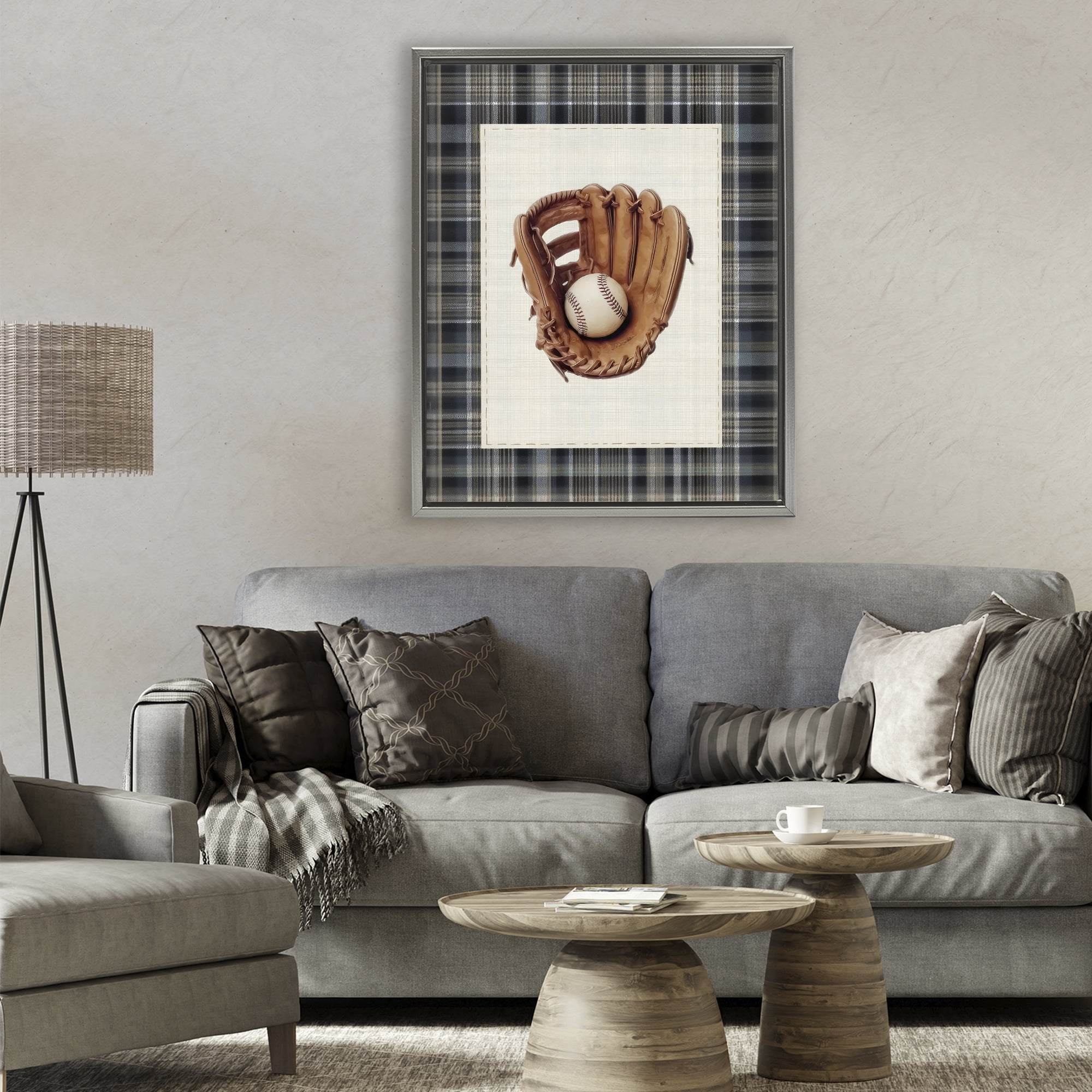 Stupell Industries Baseball Glove with Plaid Gray Framed Floater Canvas Wall Art, design by Arlington Prints