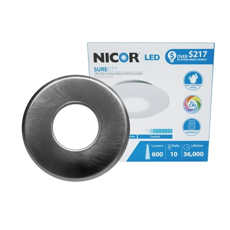 Ultralights Nickel Plate - NICOR Lighting SureFit 5.25-Inch Round Ultra Slim 3000K LED Junction Box Retrofit Downlight Kit, Nickel (DLF-10-120-3K-RD-NK)