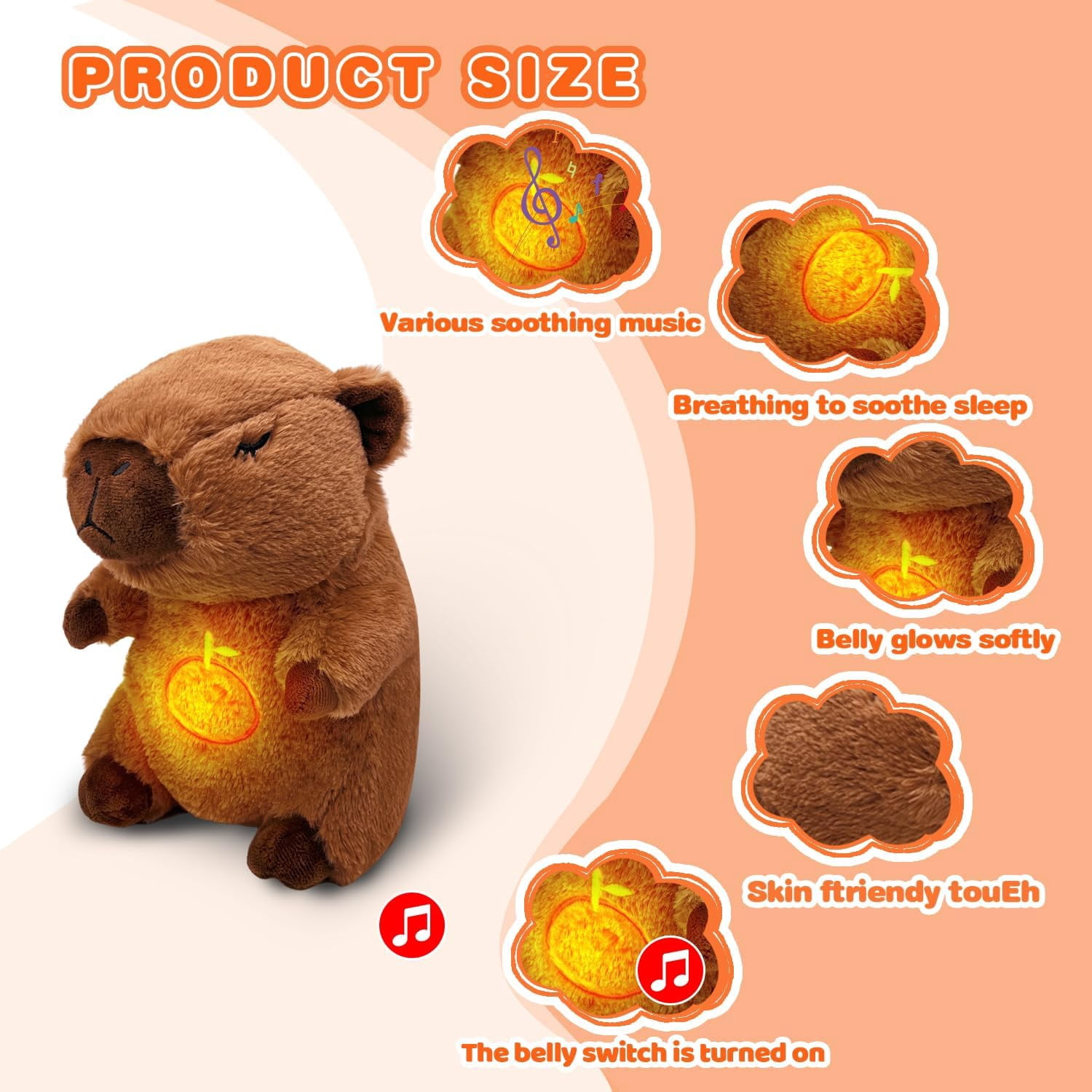 YSZZYSM Capybara Breathing Stuffed Animal, Anxiety Relief, Soothing Music Lights, Portable, Uses three AAA batteries (batteries to be provided by the user)