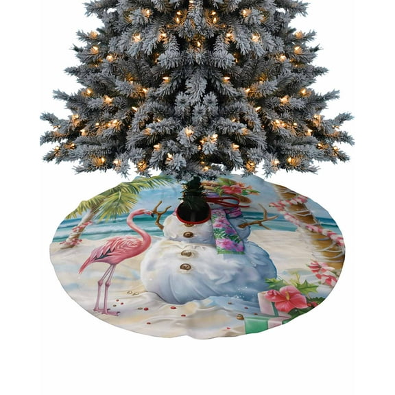 Coastal Snowman Christmas Christmas Tree Skirt 48 Inches Large Christmas Skirt Tree, Xmas Tree Flamingo Beach Tree Skirt Christmas Decorations for Fireplace Party Holidays Indoor Outdoor