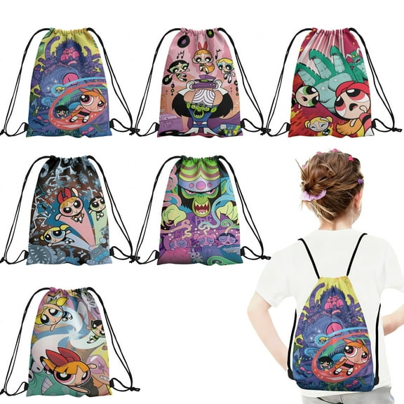 12 Pcs Powerpuff Girls Candy Drawstring Bag Drawstring Goodie Favor Bags for Boys and Girls Cartoon Birthday Party Decorations 27x34cm