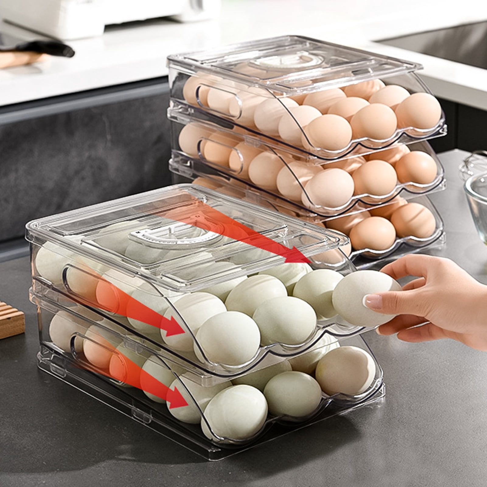 sunsanly Automatic Rolling Egg Organizer Storage Box BPA-Free Non-Slip Design Easy to Clean Transparent Stackable Egg Dispenser with Sturdy Lid