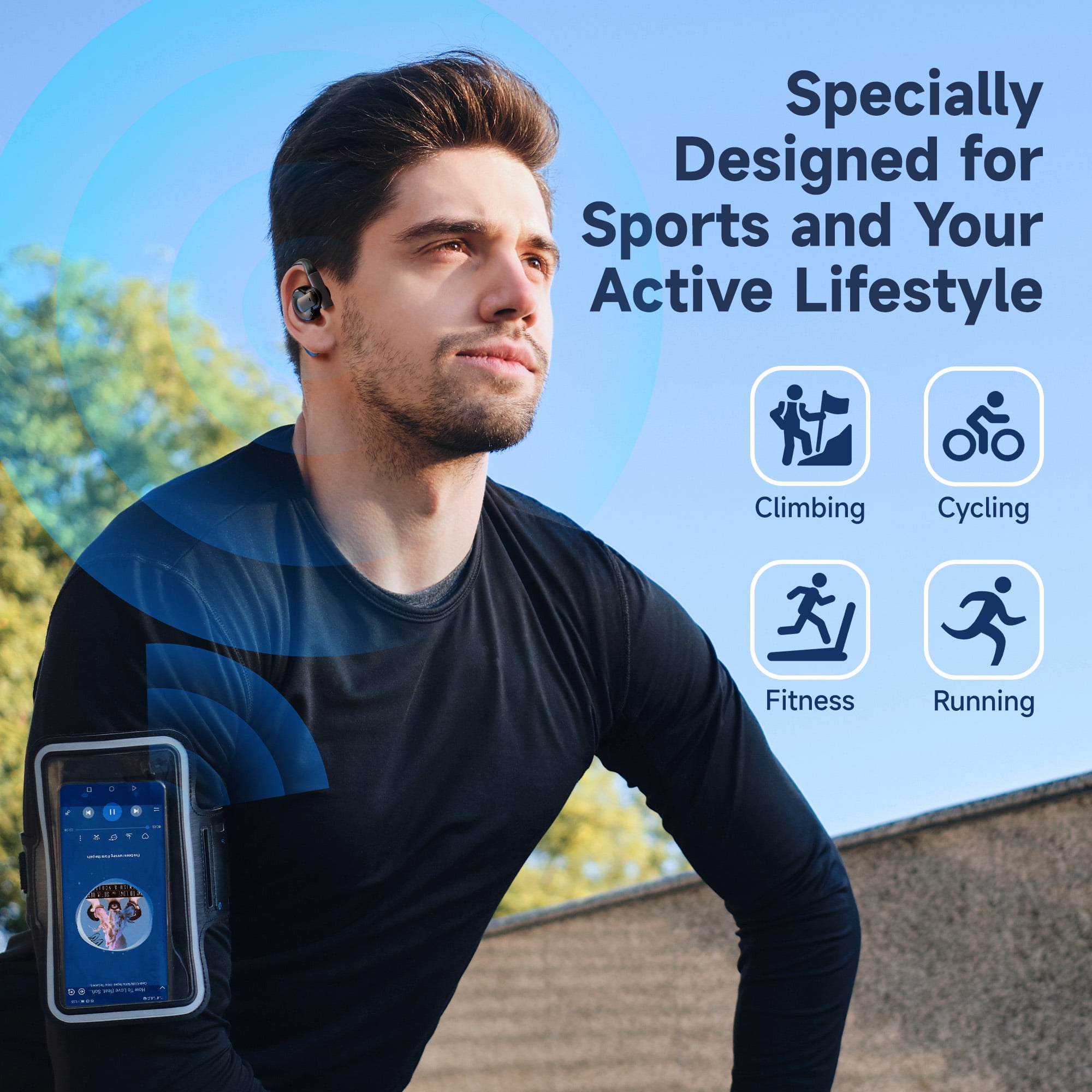 Open Ear Headphones, True Wireless Bluetooth Air Conduction Headphones with Built-in Microphone, Wireless Earbuds with Earhooks for Workout Sports Running Hiking