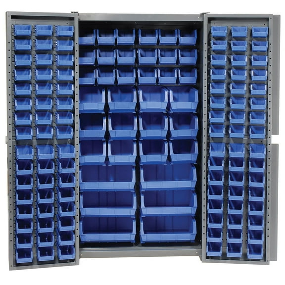 Global Industries Assembled Heavy-Duty Steel Bin Cabinet with 132 Blue Bins