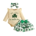 thumbnail image 3 of XAOFW Girl's Outfits Sets St Patrick's Day Long Sleeve Crewneck Floral Print Romper And Skirts Headbands Kids 3 Piece Outfits Party Night Fashionable Cozy Baby Clothes Sets, 3 of 9