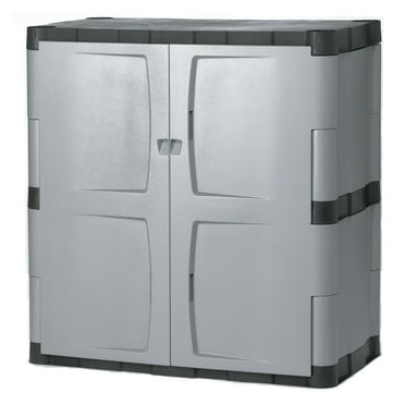 Rubbermaid Double-Door 2-Shelf Cabinet, Black and Gray