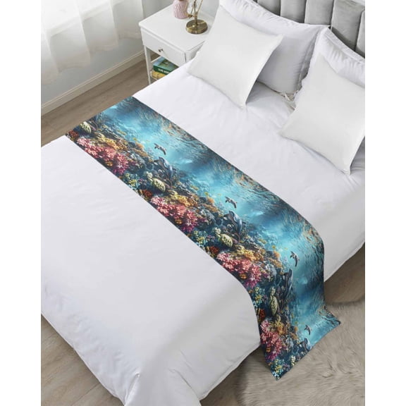Xipuska Underwater Animals Bed Runners for Queen Size Bed, Decorative Bed Throws for Foot of Bed, Turtle Shark Coral Coastal Fish Bed Runner Sofa Throw Bedding Scarf Protector Slipcover for Bedroom