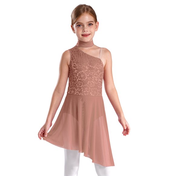 Hansber Kids Girls Modern Lyrical Dance Dress Rhinestones Jazz Ballet Performance Costume Dancewear Dusty Pink 6