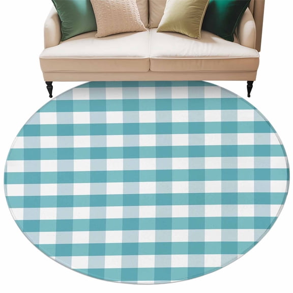 Teal Checkered Large Area Rugs for Bedroom Living Room, Soft Non Slip Carpet Bedside Rug, Farmhouse Aqua White Buffalo Plaid Round Floor Cover Kitchen Accent Rug 6' for Dining Room/Office
