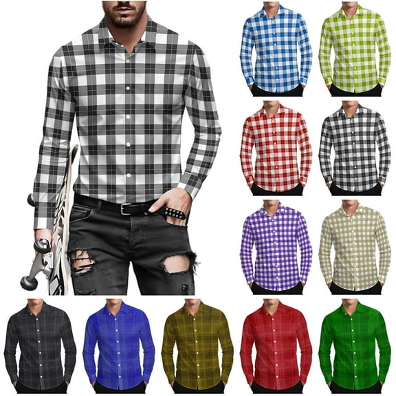 BiZtdJrK Men's Button Down Plaid Shirt Casual Long Sleeve Lapel Checkered Dress Shirts Regular Fit Work Tops, Blue, XXXL