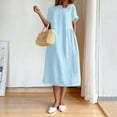 thumbnail image 2 of CHUANK Robe en Coton et Lin à Manches Courtes pour Femme Grande Taille avec Poches, T-Shirts à Col Rond, Couleur Unie, Coupe Ample, Robe d'Été M-3TG (3X-Grand Blanc), 2 of 5