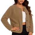 thumbnail image 2 of Sheghy Womens Denim Jacket Inspired Crew Neck Single Button Jacket - Solid Long Sleeve Winter Khaki XXXXL, 2 of 6