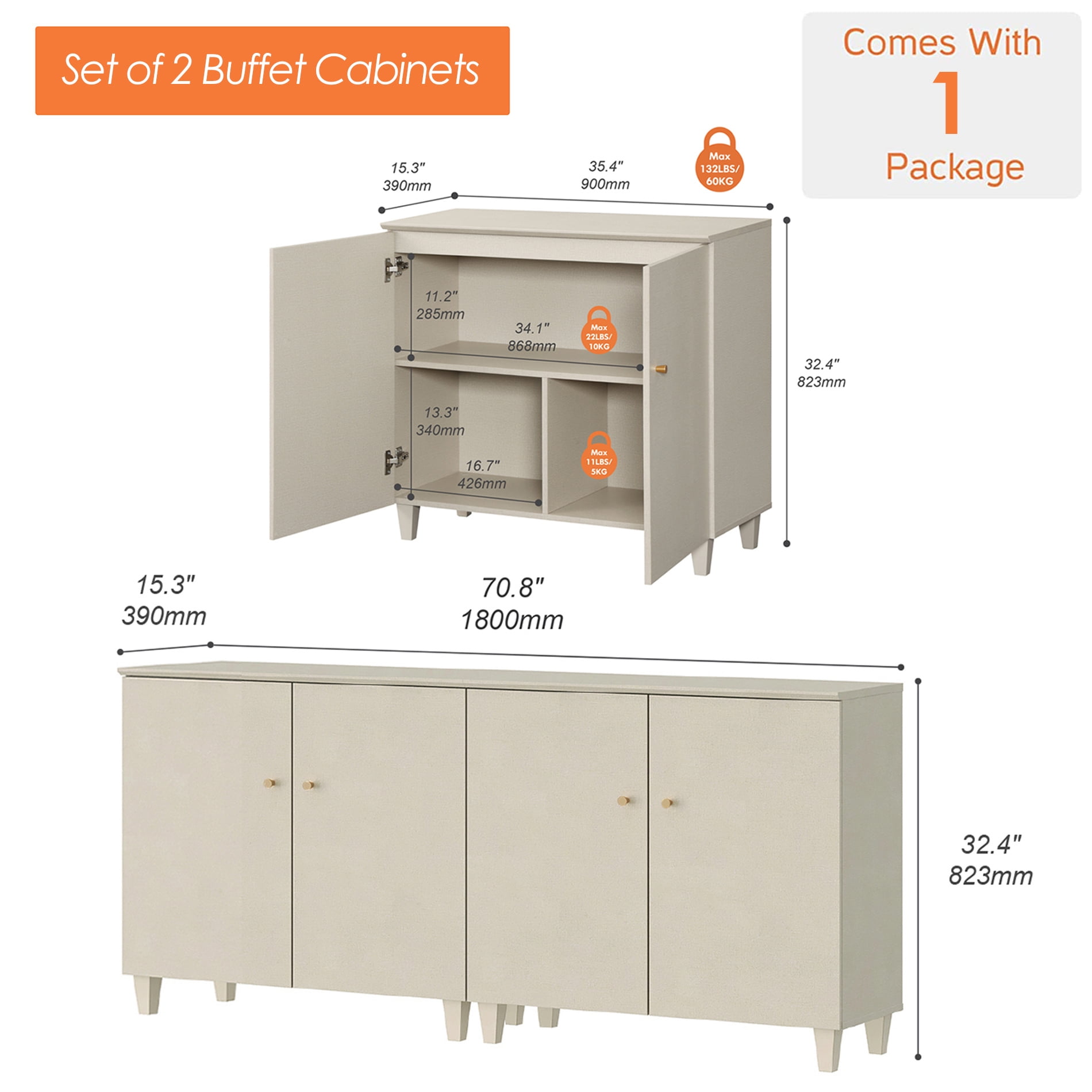 Wooden TV Stand Cabinets for 75 Inch TVs, Set of 2 Beige Entertainment Center with 6 Storage Compartments, 2 Cabinets in 1 Pack