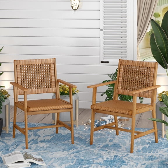 Sophia & William 2-Piece Acacia Wood Patio Dining Chairs with Rattan Seat & Back, Outdoor Patio Chairs