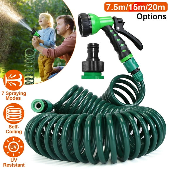 EVA Recoil Garden Hose 65ft Flexible 7 Pattern Spray Nozzle Garden Water Hose with 3/4" and 1/2" Adapter for Boat Greenhouse Yard Patio Green