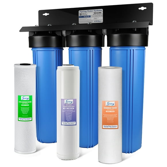 iSpring Whole House Water Filter System w/ Sediment, Polyphosphate Anti-Scale, and Carbon Block Water Filters, 3-Stage Water Descaler and Water Filter, Model: WGB32B-DS