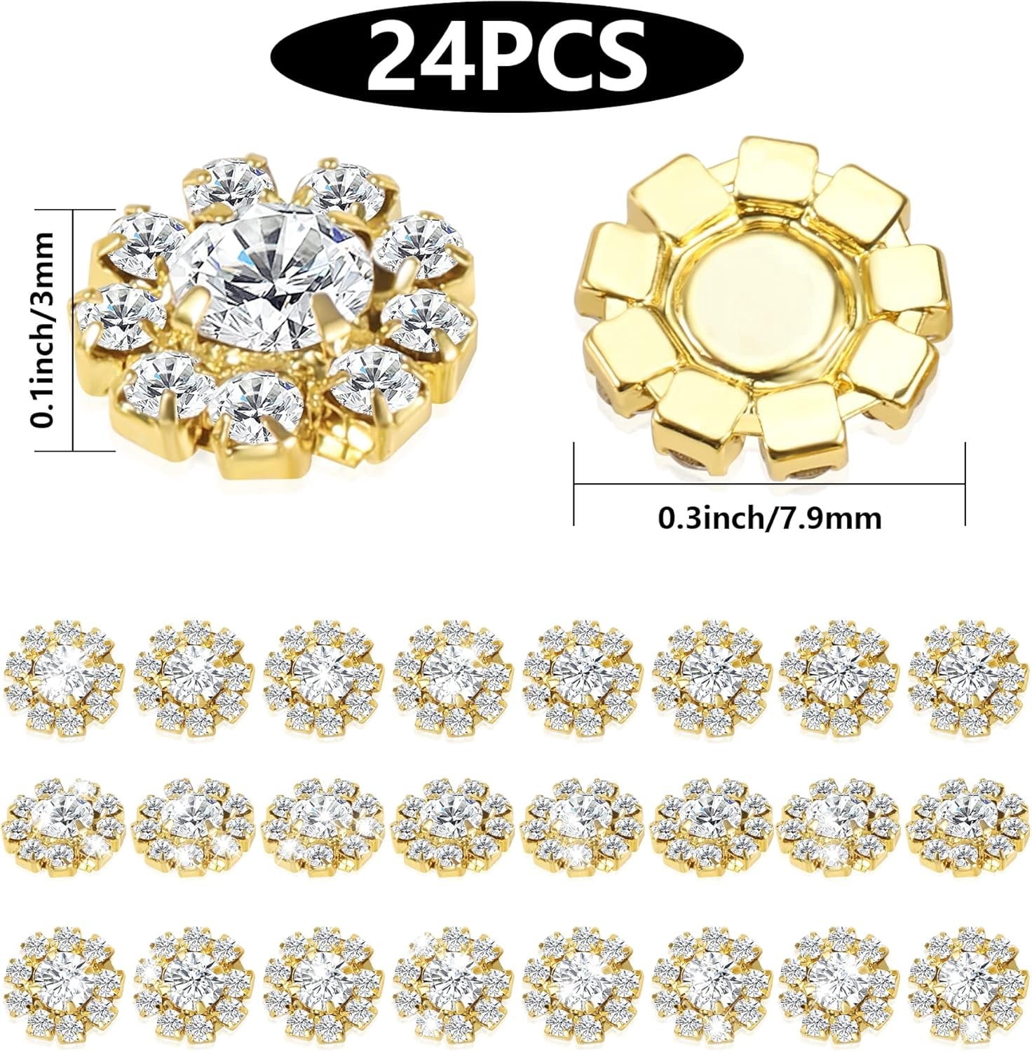 Wholesale 24 count 16MM  Metal Clear Rhinestone Glass Buttons Embellishments Bulk for Craft (Flat)