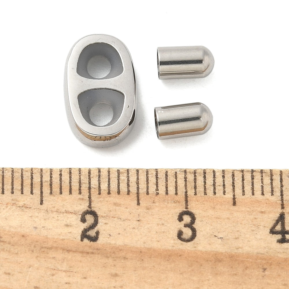 304 Stainless Steel Slider Beads and Cord End Caps with Rubber Inside Stainless Steel Color 12x8x3mm Rubber Hole: 3mm