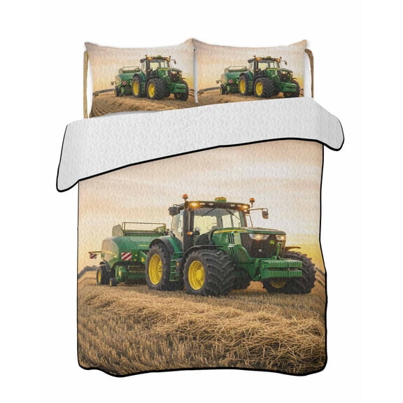 Twin Quilt Bedding Set, Sunset Green Truck Reversible Summer Quilt 3 Pieces, Farmhouse Car Lightweight Bedspreads Coverlets with 2 Pillow Shams for All Seasons