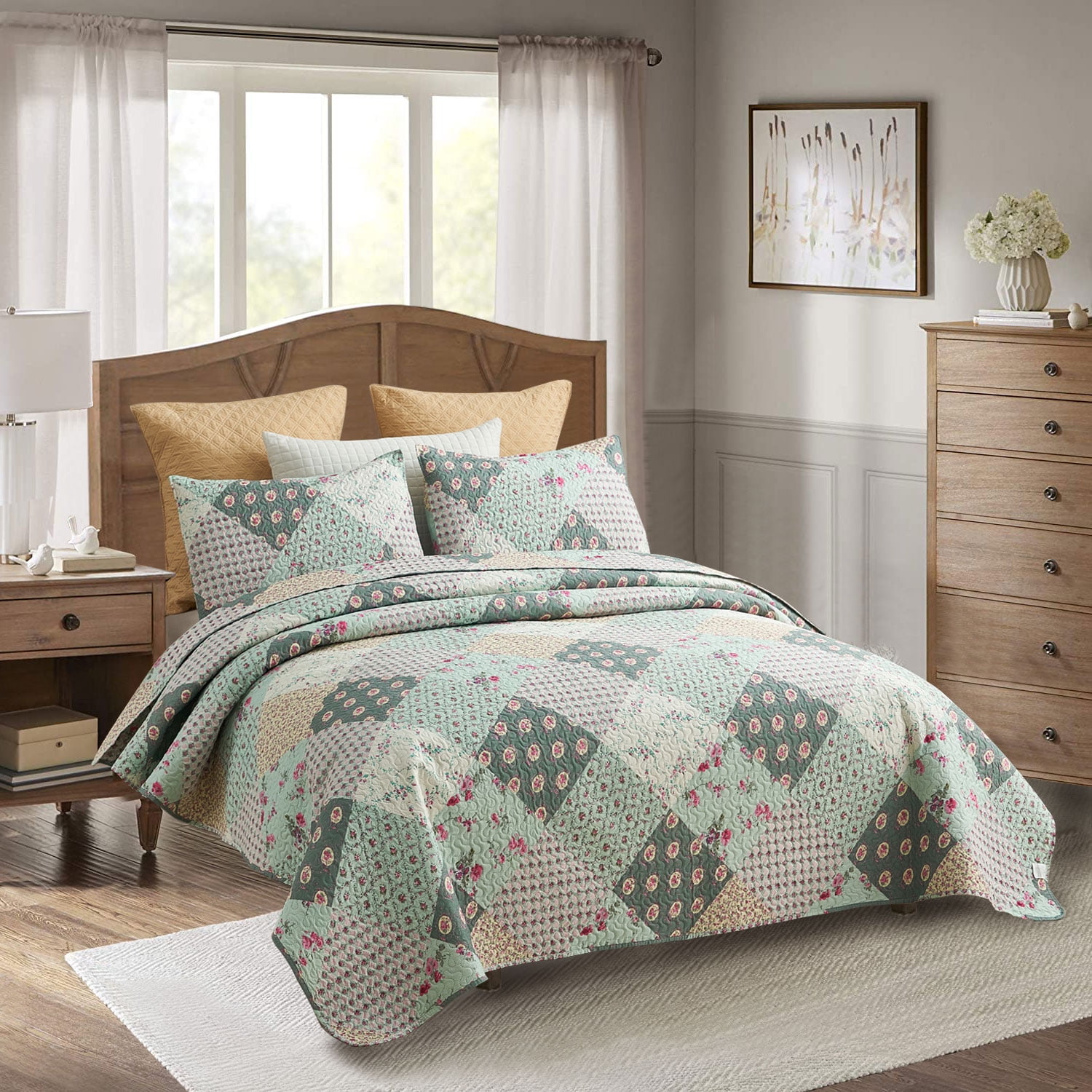 Details about   Floral Pattern Printed Quilt Set Coverlet  All Season Microfiber Bedspread Set 