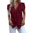 thumbnail image 2 of WREESH Womens Fashion Button Down Ruffle Blouse Vintage Shirt Tops Solid Color Spring Summer V-Neck Short Sleeve T-Shirt Temperament Chiffon Shirt Wine, 2 of 8