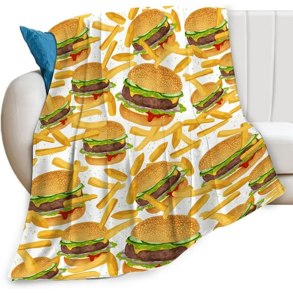 Hamburger French Fries Blanket Burgers Food Funny Cute Meat Print Blankets Gifts Couch Sofa Bed Stuff Decor Soft Cozy Lightweight Fleece Plush Flannel Bedding for Lover Men Women Adults 40"x50"