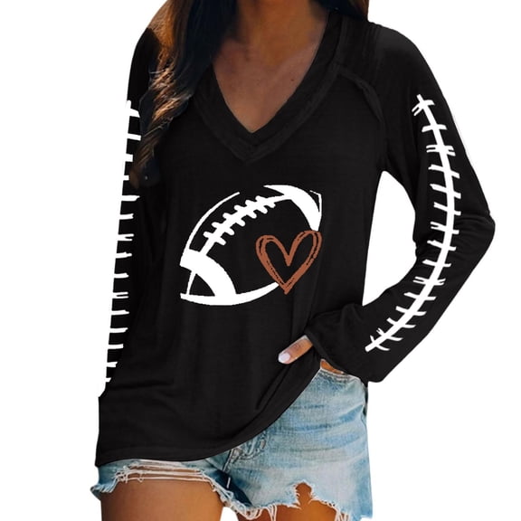 Pxiakgy Football Shirts for Women 2025 Cute Graphic Print Fall Sweatshirts V Neck Long Sleeve Football Sweatshirts Game Day Heart Football Pullover Tops Mom Shirts Rugby Heart Print T Shirt Black L
