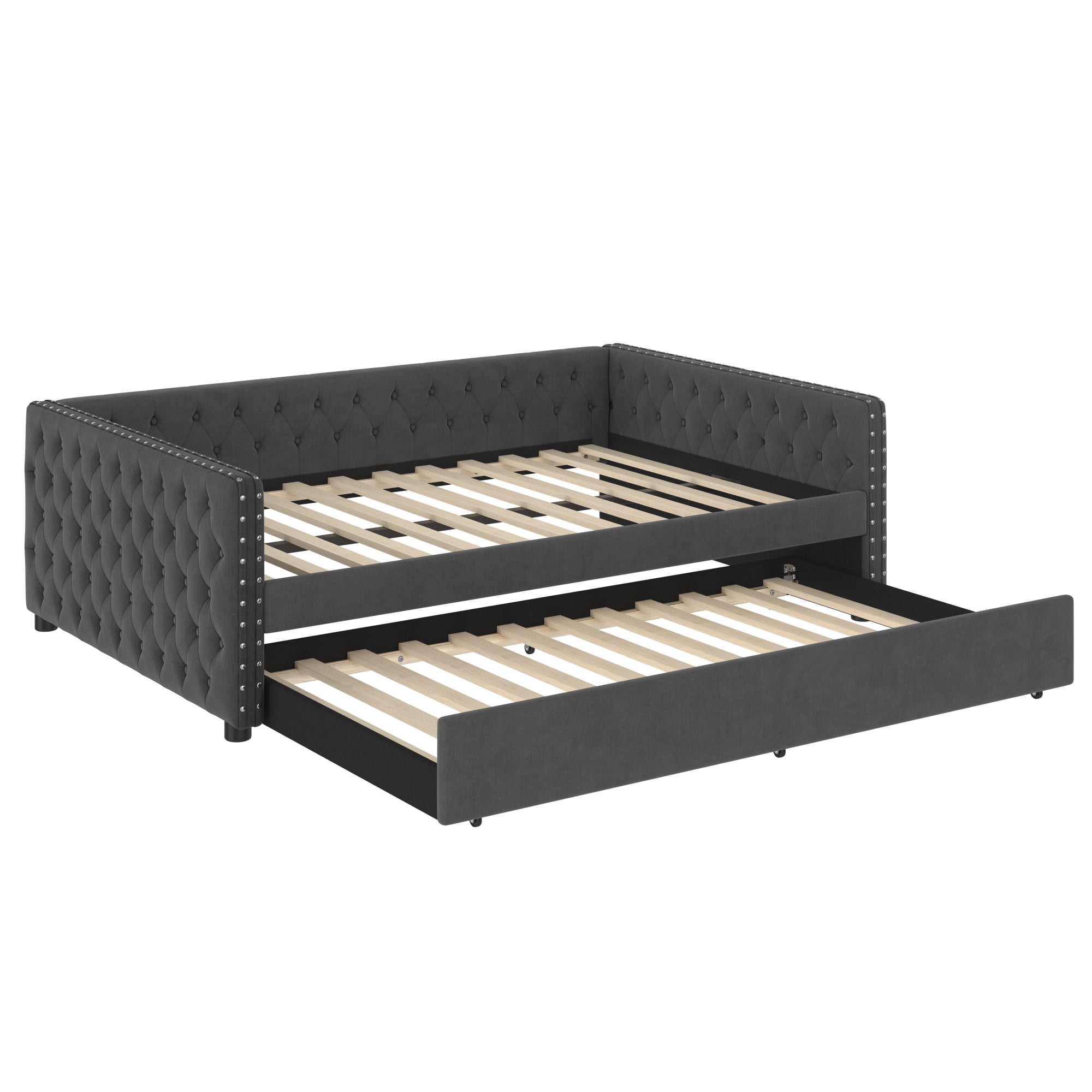 Full Size Upholstered Daybed with Trundle,Tufted Sofa Bed with Button & Copper Nail on Square Arms,Gray