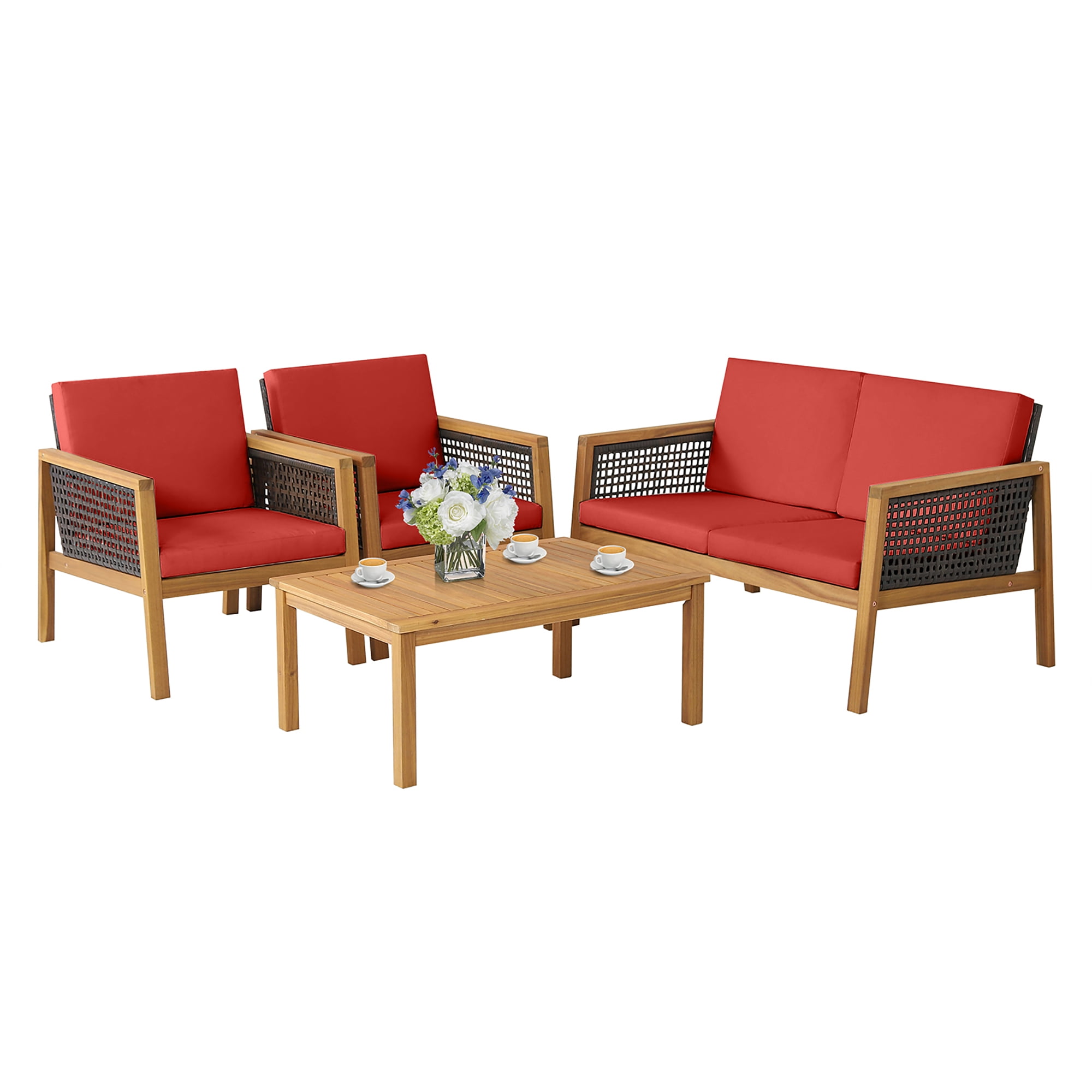 Costway 4PCS Patio Rattan Furniture Set Acacia Wood Cushioned Sofa Red