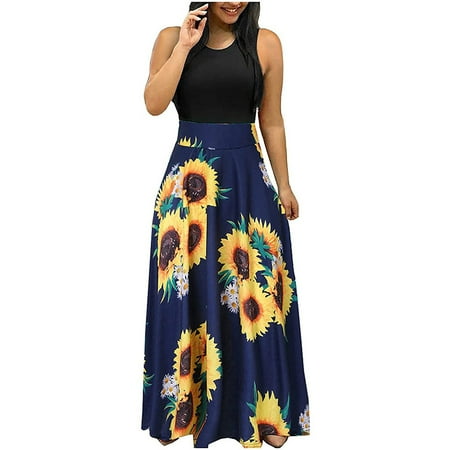 

Flowers Printed Summer Dresses for Women Crew Neck Sleeveless Tank Dress Woman Long Skirt High Waist A Line Maxi Style for Casual Holiday XL Purplish Blue