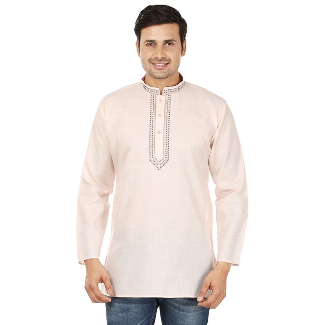 Cotton Men's Embroidered Short Kurta Shirt India Clothing (Beige,4XL)